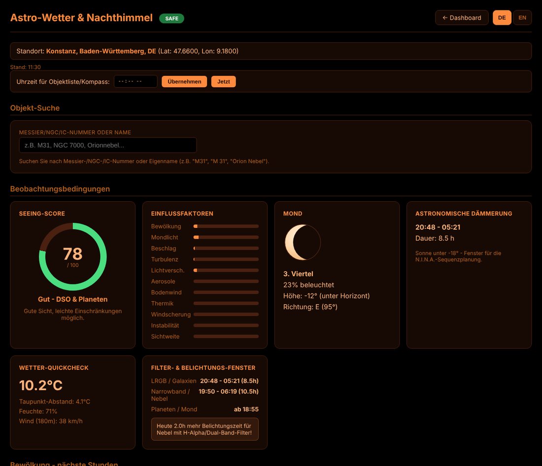 Astro-Seite mit Seeing-Score, Einflussfaktoren, Mond und Dämmerung